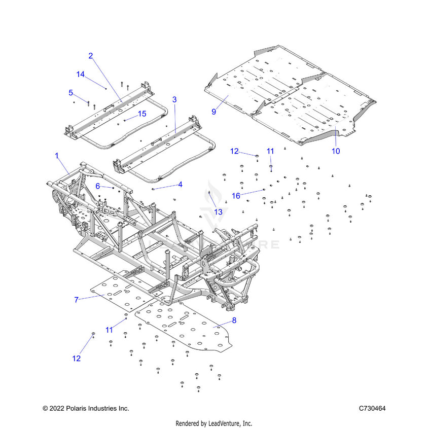 An Image of a Genuine Polaris Parts Schematic Diagram showing the schematic - CHASSIS: FRAME - 2023 POLARIS RANGER 570 CREW