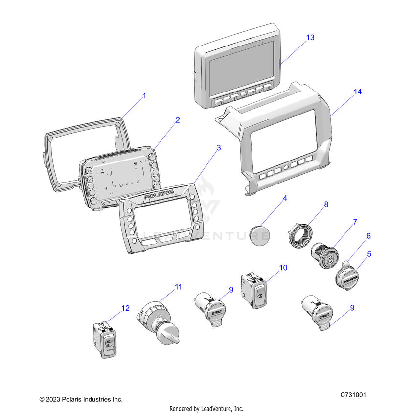 An Image of a Genuine Polaris Parts Schematic Diagram showing the schematic - ELECTRICAL: DASH INSTRUMENTS & CONTROLS - 2022 POLARIS RANGER 570 RIDE COMMAND