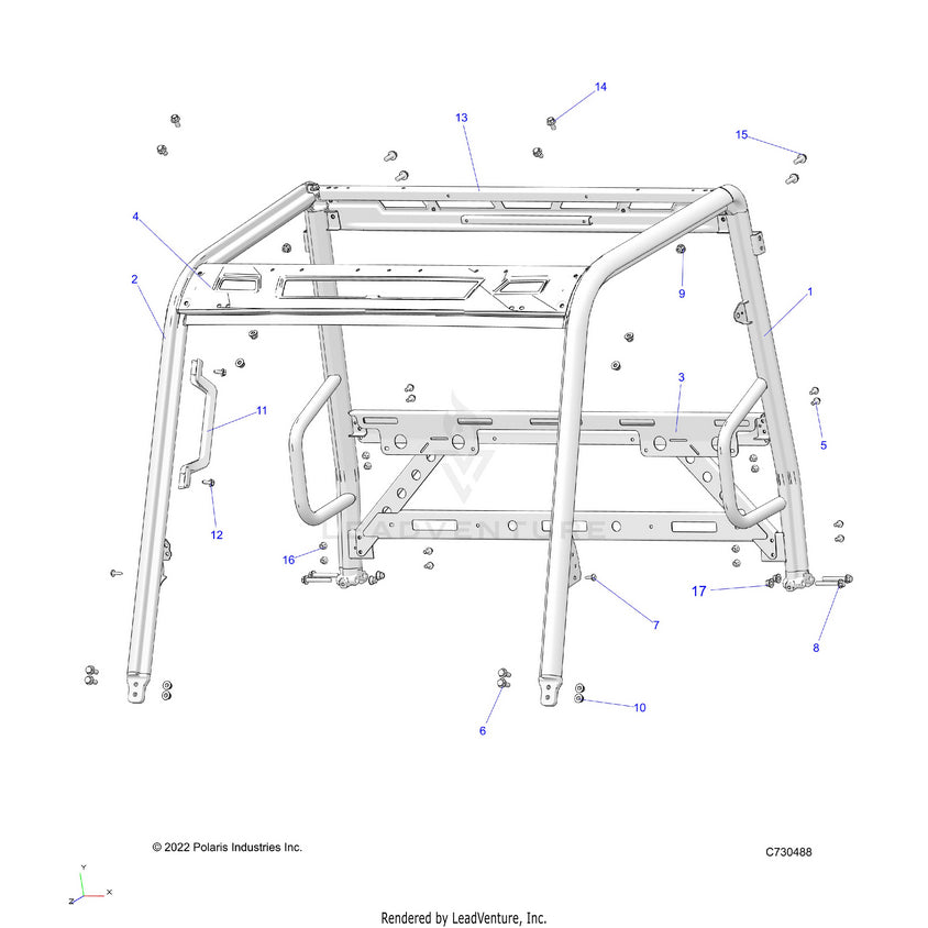 An Image of a Genuine Polaris Parts Schematic Diagram showing the schematic - CHASSIS: CAB FRAME - 2025 POLARIS RANGER 570 PREMIUM