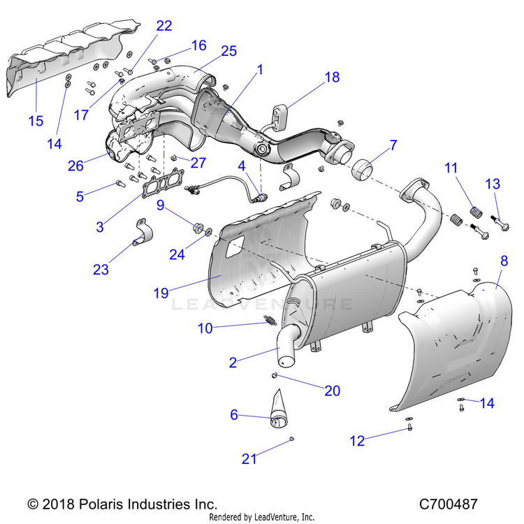 An Image of a Genuine Polaris Parts Schematic Diagram showing the schematic - ENGINE: EXHAUST - 2020 POLARIS RANGER CREW XP 1000 NORTHSTAR PREMIUM