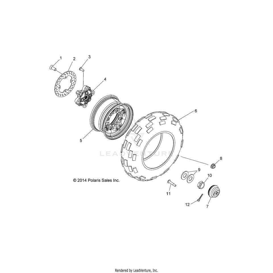 An Image of a Genuine Polaris Parts Schematic Diagram showing the schematic - WHEELS: FRONT - 2018 POLARIS RANGER CREW XP 1000 EPS