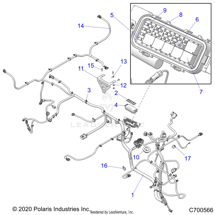 An Image of a Genuine Polaris Parts Schematic Diagram showing the schematic - ELECTRICAL: WIRE HARNESSES - 2020 POLARIS RANGER CREW 570