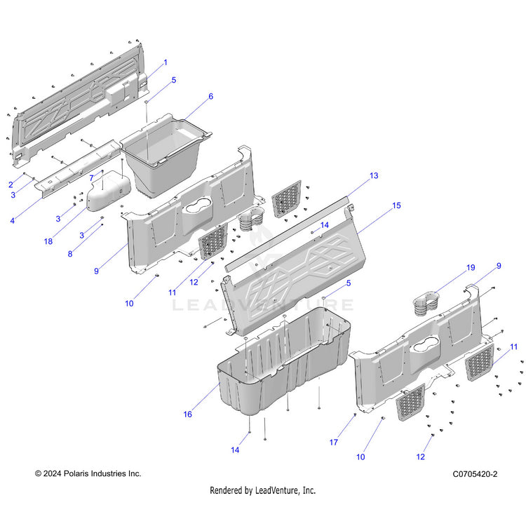 An Image of a Genuine Polaris Parts Schematic Diagram showing the schematic - BODY: FLOOR CLOSEOFFS & BIN - 2022 POLARIS RANGER CREW 570