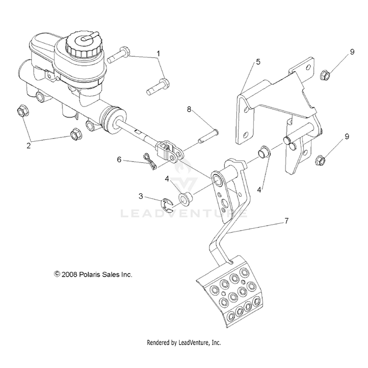 An Image of a Genuine Polaris Parts Schematic Diagram showing the schematic - BRAKES: PEDAL & MASTER CYLINDER MOUNTING - 2015 POLARIS RANGER 800 6X6