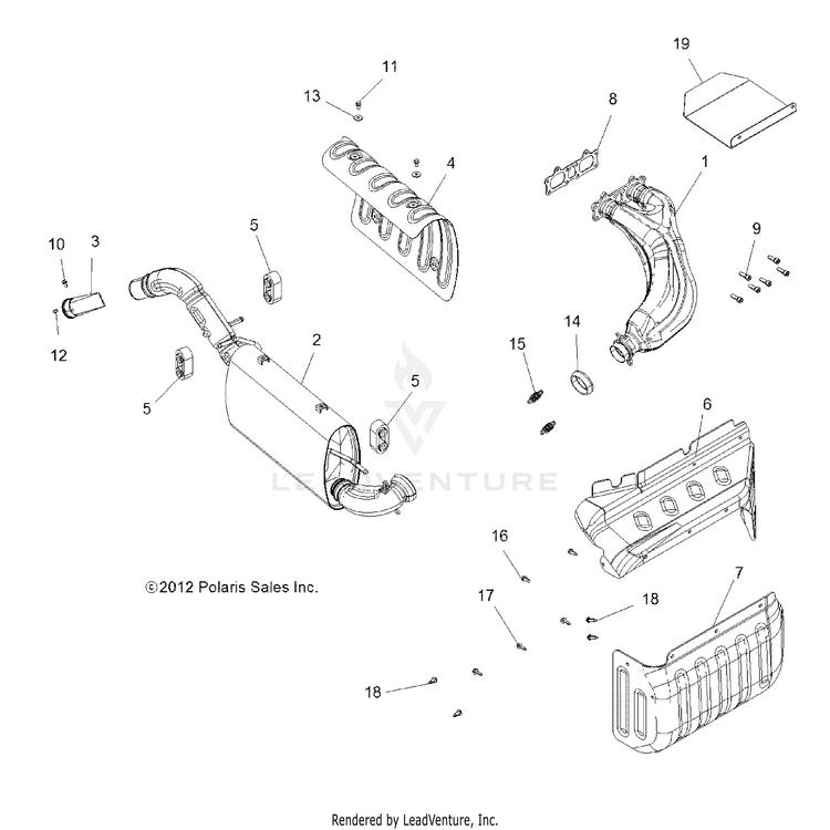 An Image of a Genuine Polaris Parts Schematic Diagram showing the schematic - ENGINE: EXHAUST - 2015 POLARIS RANGER 900 XP