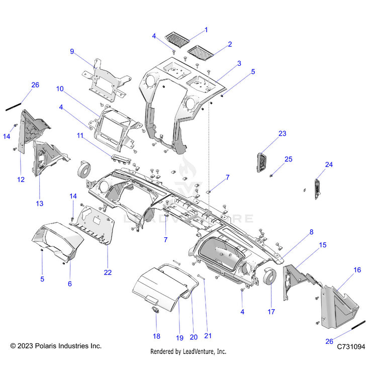 An Image of a Genuine Polaris Parts Schematic Diagram showing the schematic - BODY: DASH UPPER & A-PILLARS - 2026 POLARIS RANGER XD 1500 NORTHSTAR MOUNTAINEER EDITION CREW