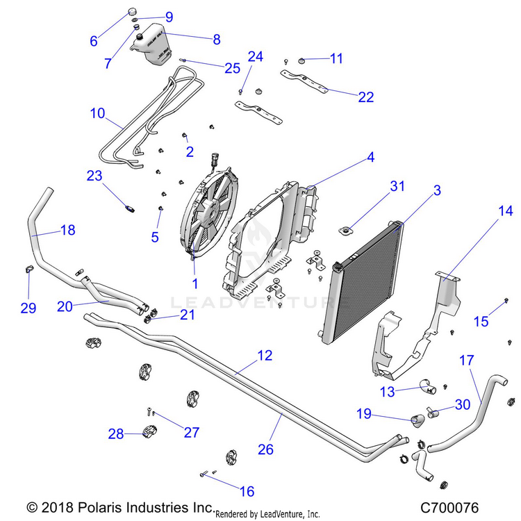An Image of a Genuine Polaris Parts Schematic Diagram showing the schematic - ENGINE: COOLING SYSTEM - 2019 POLARIS RANGER XP 1000 EPS NORTHSTAR RIDE COMMAND