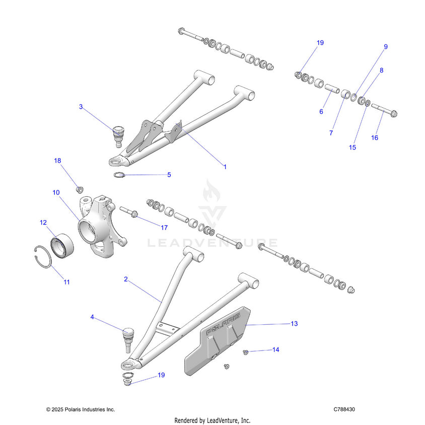 An Image of a Genuine Polaris Parts Schematic Diagram showing the schematic - SUSPENSION: FRONT - 2022 POLARIS RANGER 1000 PREMIUM EPS FULL SIZE