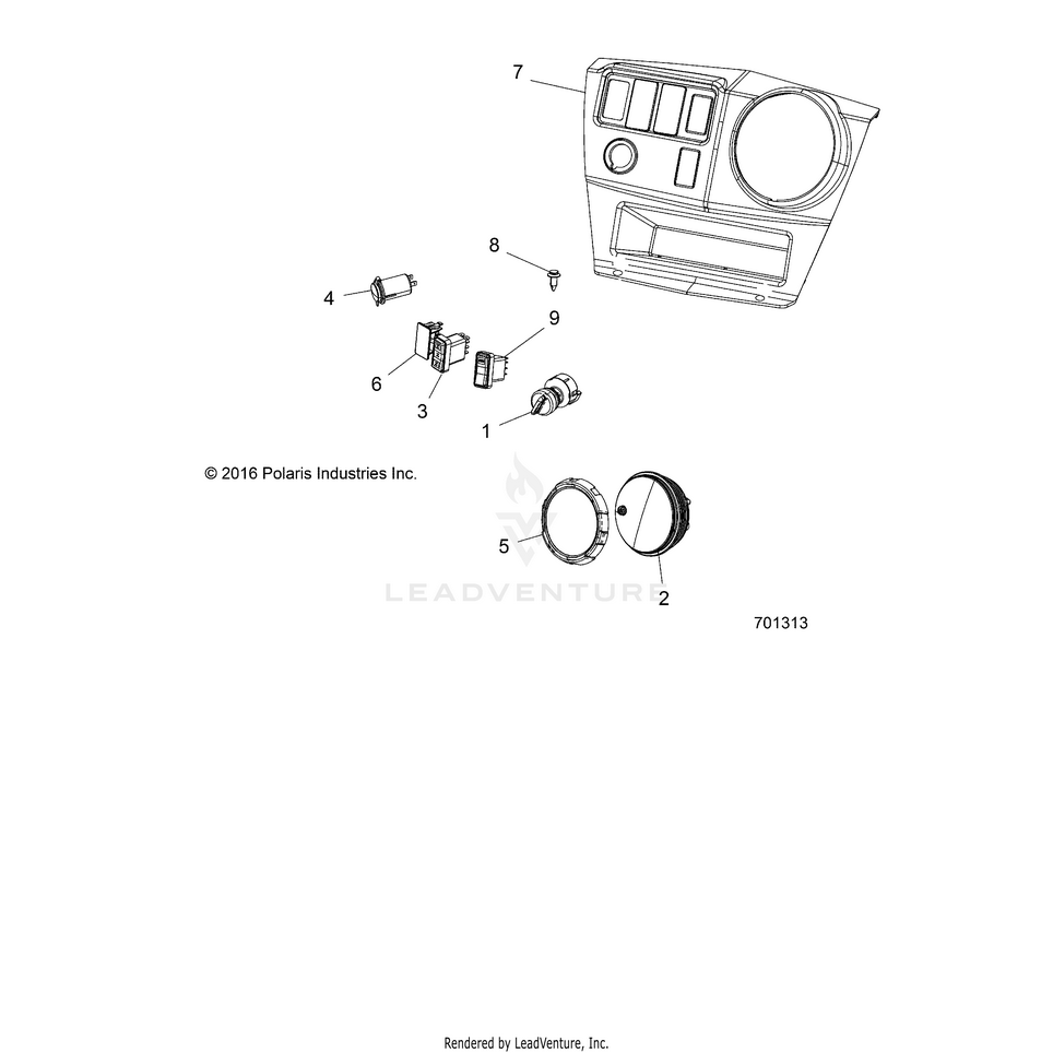 An Image of a Genuine Polaris Parts Schematic Diagram showing the schematic - ELECTRICAL: DASH INSTRUMENTS & CONTROLS - 2019 POLARIS RANGER CREW 570 FULL SIZE