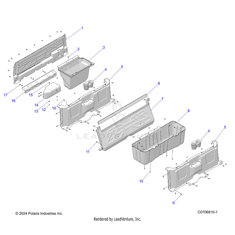 An Image of a Genuine Polaris Parts Schematic Diagram showing the schematic - BODY: FLOOR CLOSEOFFS & BIN - 2023 POLARIS RANGER 570 CREW