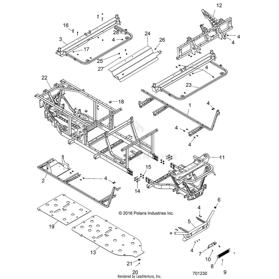 An Image of a Genuine Polaris Parts Schematic Diagram showing the schematic - CHASSIS: FRAME & FRONT BUMPER - 2017 POLARIS RANGER CREW 570 EFI