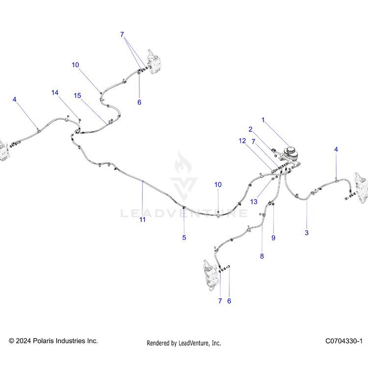 An Image of a Genuine Polaris Parts Schematic Diagram showing the schematic - BRAKES: BRAKE LINES AND MASTER CYLINDER - 2024 POLARIS XPEDITION ADV ULTIMATE