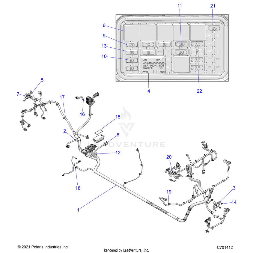 An Image of a Genuine Polaris Parts Schematic Diagram showing the schematic - ELECTRICAL: WIRE HARNESS - 2022 POLARIS RANGER CREW 1000 PREMIUM WINTER