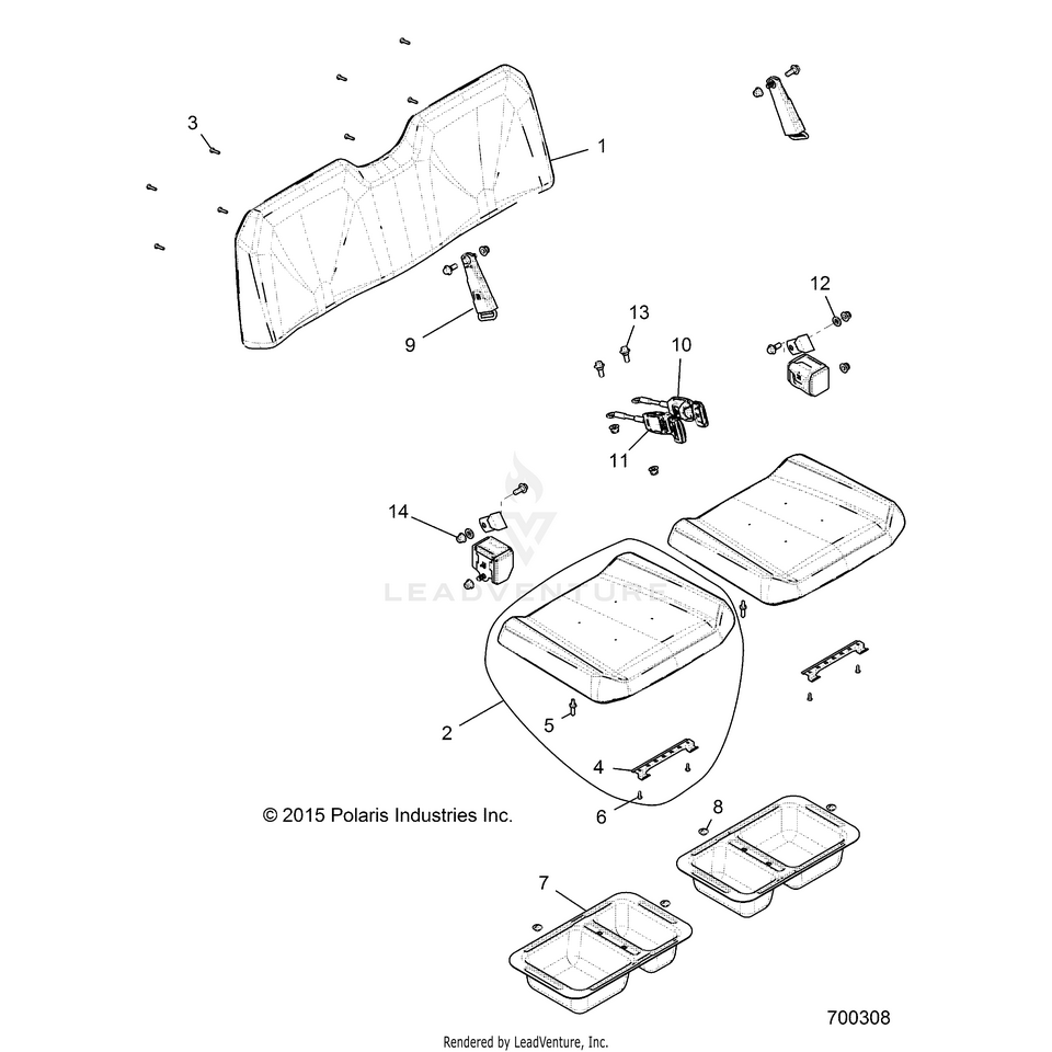 An Image of a Genuine Polaris Parts Schematic Diagram showing the schematic - BODY: SEAT & SEAT BELTS - 2017 POLARIS RANGER EV