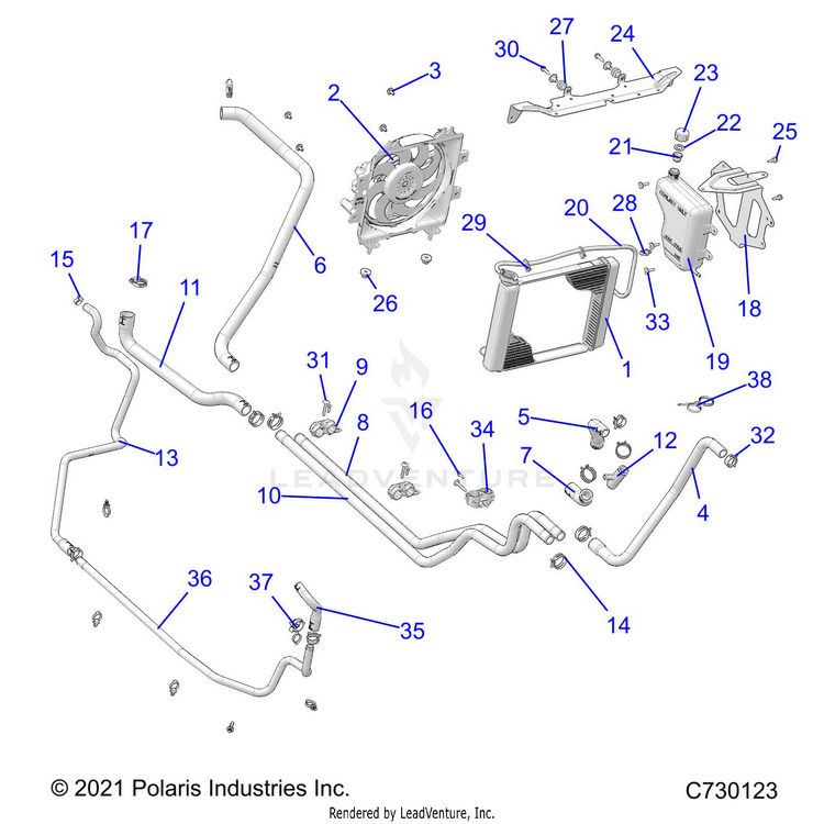 An Image of a Genuine Polaris Parts Schematic Diagram showing the schematic - ENGINE: COOLING SYSTEM - 2025 POLARIS RANGER 570 NORTHSTAR