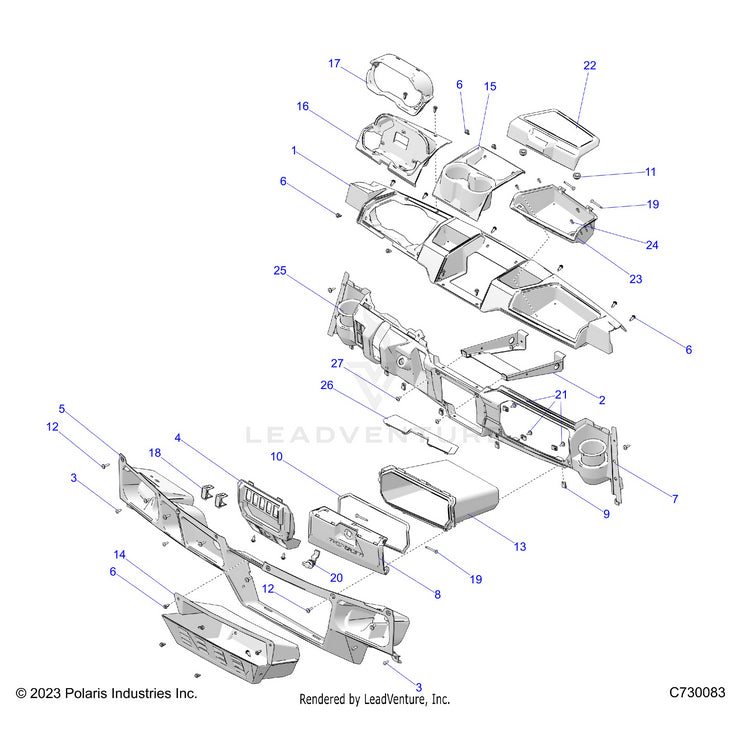 An Image of a Genuine Polaris Parts Schematic Diagram showing the schematic - BODY: DASH - 2023 POLARIS RANGER XP 1000 NORTHSTAR EVAP