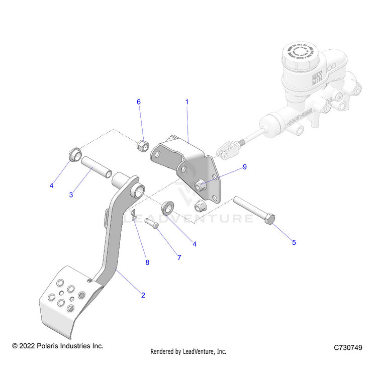 An Image of a Genuine Polaris Parts Schematic Diagram showing the schematic - BRAKES: PEDAL & MASTER CYLINDER - 2024 POLARIS RANGER 570 CREW FULL SIZE