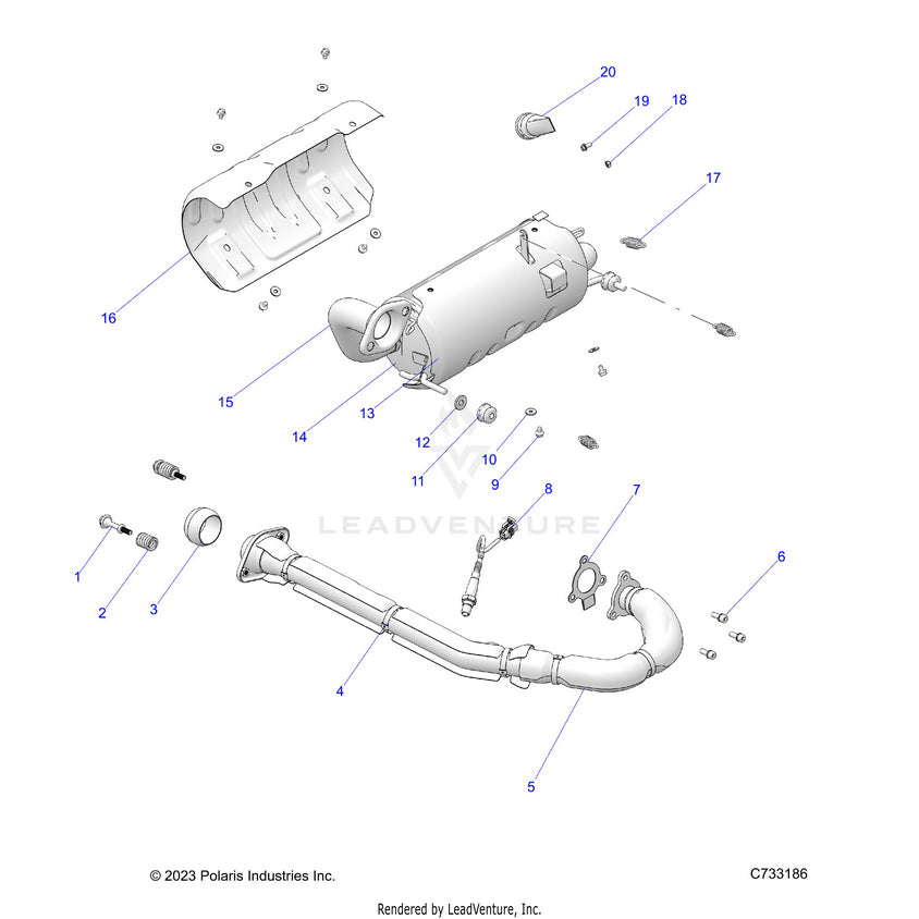 An Image of a Genuine Polaris Parts Schematic Diagram showing the schematic - ENGINE: EXHAUST SYSTEM - 2024 POLARIS RANGER 570 PREMIUM