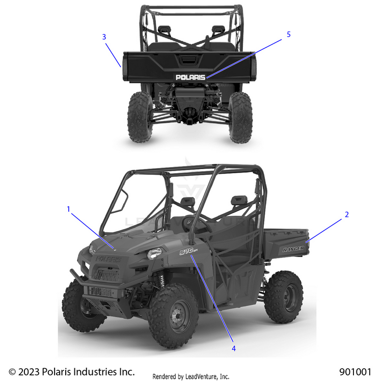 An Image of a Genuine Polaris Parts Schematic Diagram showing the schematic - BODY: DECALS GRAPHICS - 2024 POLARIS RANGER 570 FULL SIZE