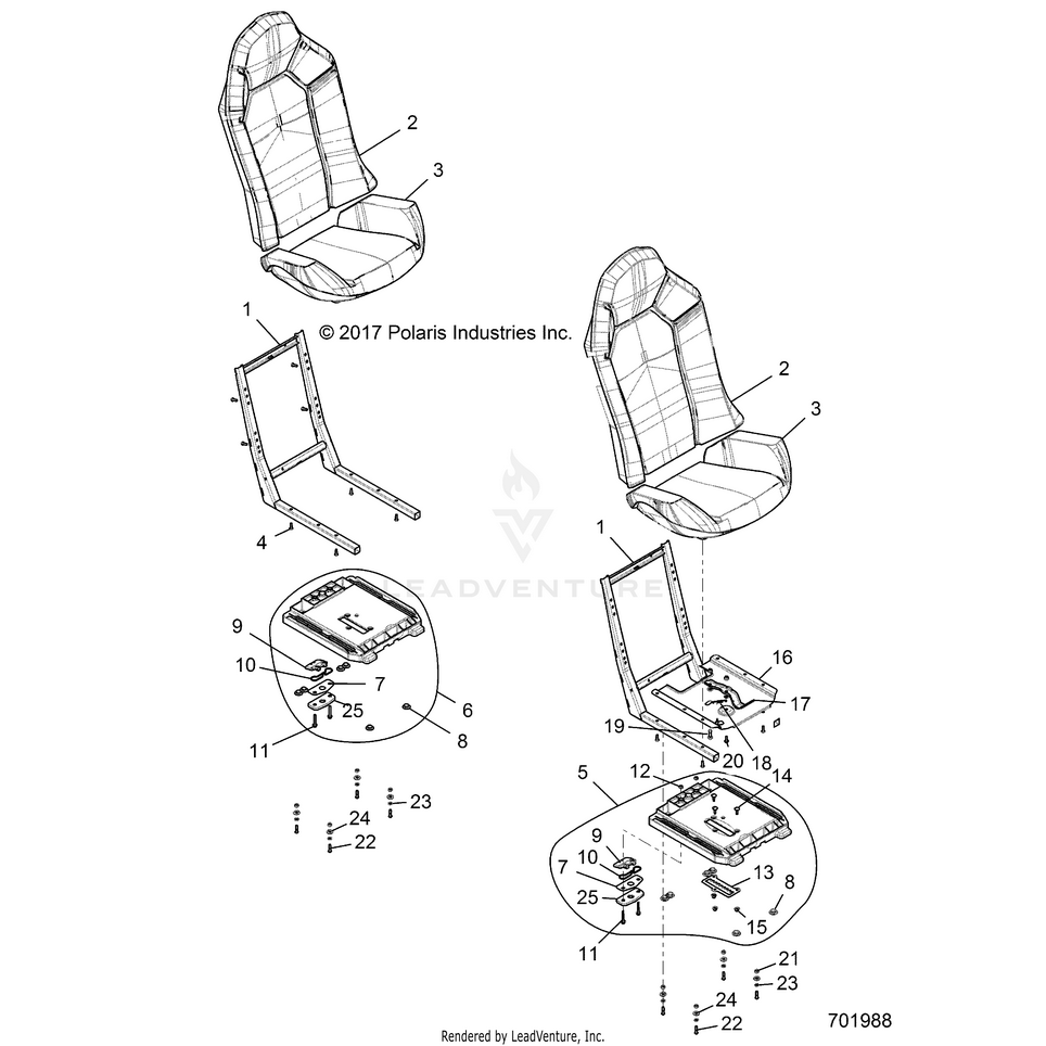 An Image of a Genuine Polaris Parts Schematic Diagram showing the schematic - BODY: SEAT ASM. AND SLIDER - 2022 POLARIS GENERAL XP SPORT 1000