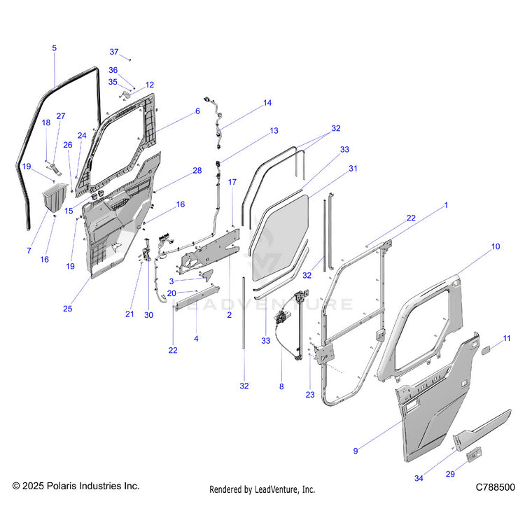 An Image of a Genuine Polaris Parts Schematic Diagram showing the schematic - BODY: DOOR FRONT FULL POWER - 2026 POLARIS RANGER 1000 XP CREW NORTHSTAR TEXAS EDITION