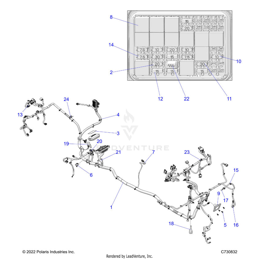 An Image of a Genuine Polaris Parts Schematic Diagram showing the schematic - ELECTRICAL: WIRE HARNESS - 2024 POLARIS RANGER 1000 XP CREW NORTHSTAR
