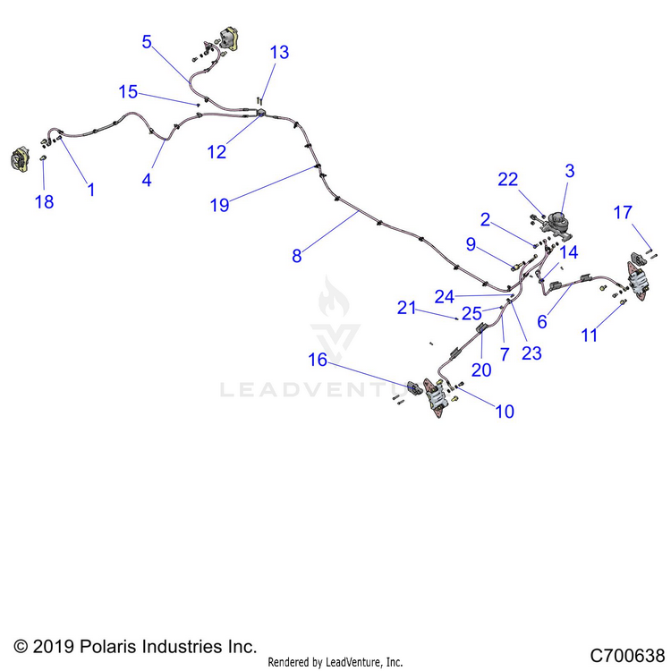 An Image of a Genuine Polaris Parts Schematic Diagram showing the schematic - BRAKES: BRAKE LINES & MASTER CYLINDER - 2020 POLARIS RANGER CREW XP 1000 RIDE COMMAND