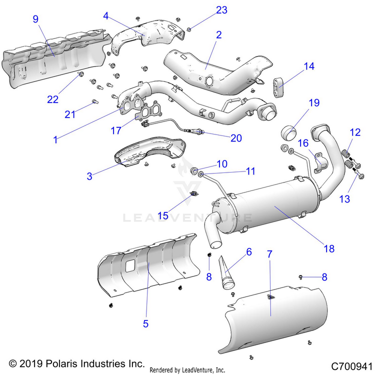 An Image of a Genuine Polaris Parts Schematic Diagram showing the schematic - ENGINE: EXHAUST SYSTEM - 2022 POLARIS RANGER 1000 FULL SIZE PREMIUM WINTER