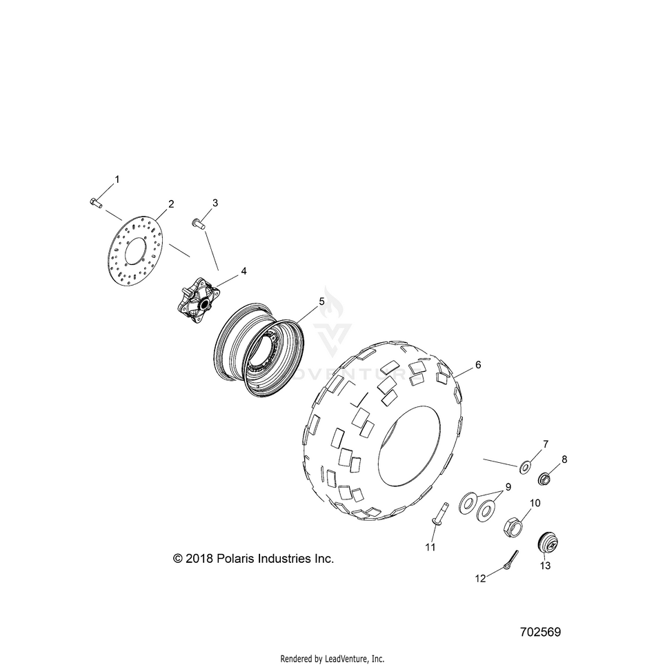 An Image of a Genuine Polaris Parts Schematic Diagram showing the schematic - WHEELS: FRONT - 2020 POLARIS RANGER EV