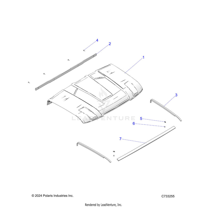 An Image of a Genuine Polaris Parts Schematic Diagram showing the schematic - BODY: ROOF - 2025 POLARIS RANGER 1000 XP PREMIUM