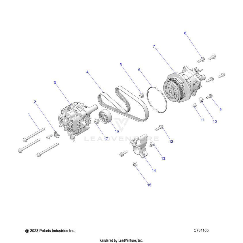 An Image of a Genuine Polaris Parts Schematic Diagram showing the schematic - ENGINE: ALTERNATOR & COMPRESSOR - 2025 POLARIS RANGER 1000 XP NORTHSTAR ULTIMATE TRAIL BOSS