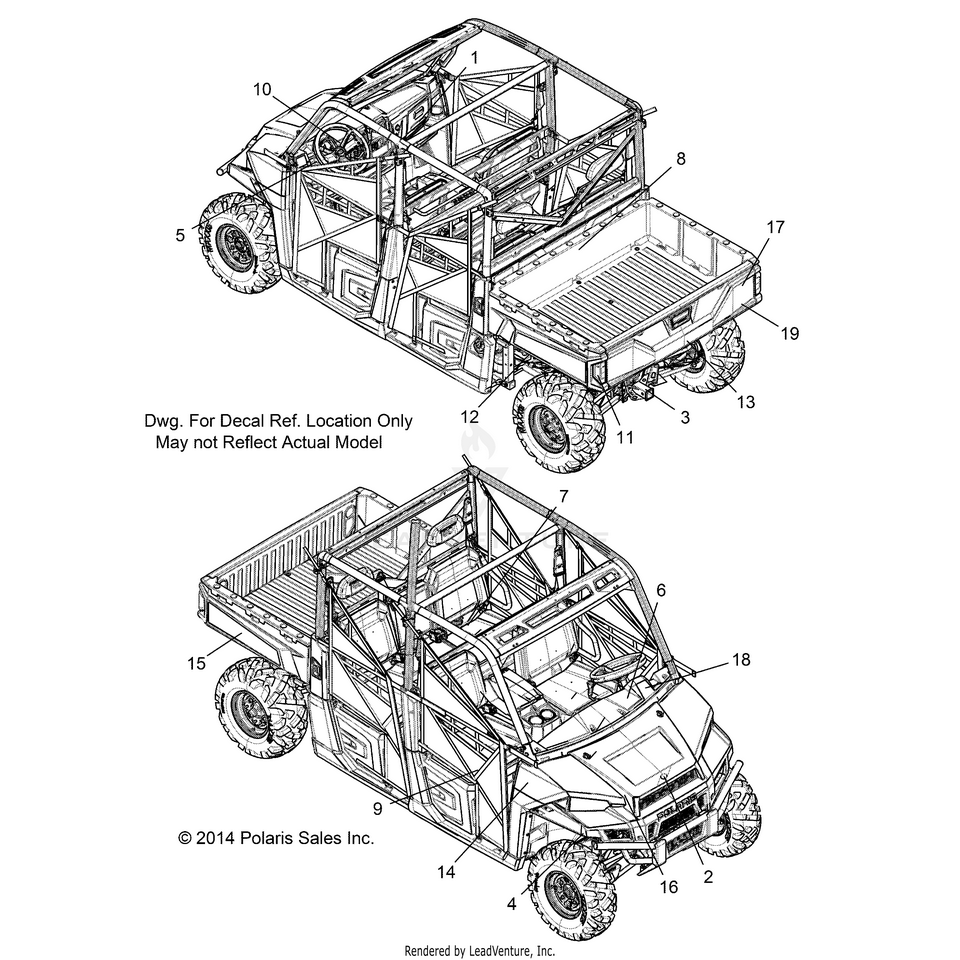 An Image of a Genuine Polaris Parts Schematic Diagram showing the schematic - BODY: DECALS - 2015 POLARIS RANGER CREW 570 EFI FULL SIZE