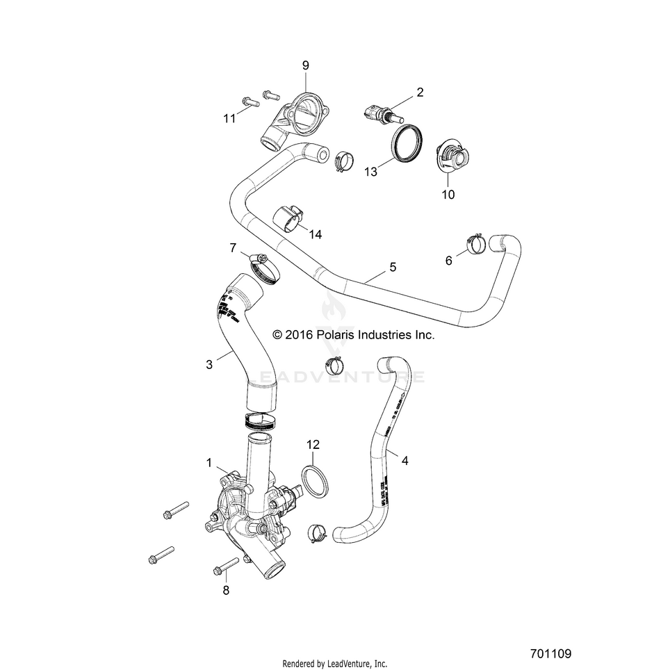 An Image of a Genuine Polaris Parts Schematic Diagram showing the schematic - ENGINE: WATERPUMP & BYPASS - 2017 POLARIS RANGER XP 1000
