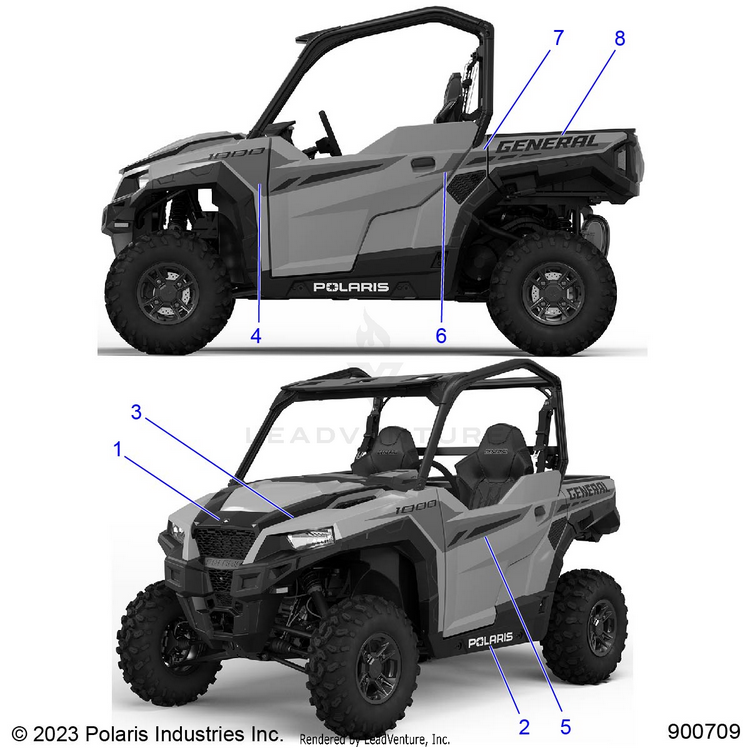An Image of a Genuine Polaris Parts Schematic Diagram showing the schematic - BODY: DECALS - 2024 POLARIS GENERAL 1000 SPORT