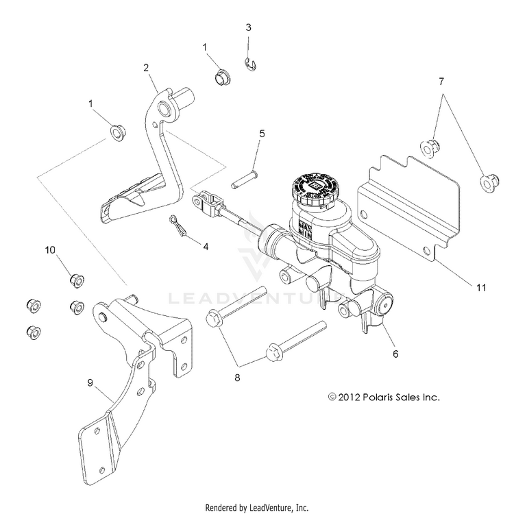 An Image of a Genuine Polaris Parts Schematic Diagram showing the schematic - BRAKES: PEDAL & MASTER CYLINDER - 2017 POLARIS RANGER XP 900