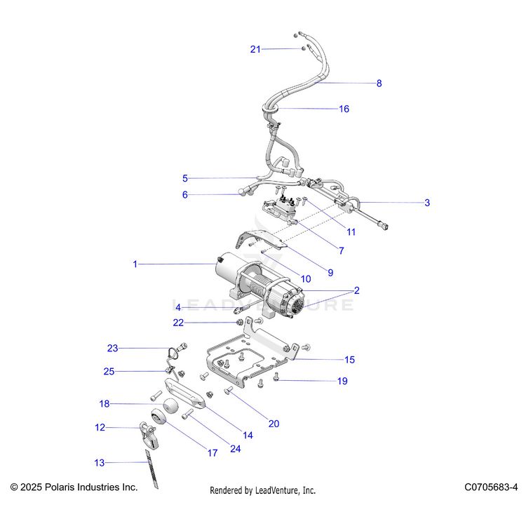 An Image of a Genuine Polaris Parts Schematic Diagram showing the schematic - CHASSIS: WINCH - 2022 POLARIS GENERAL XP 4 1000 DELUXE RIDE COMMAND