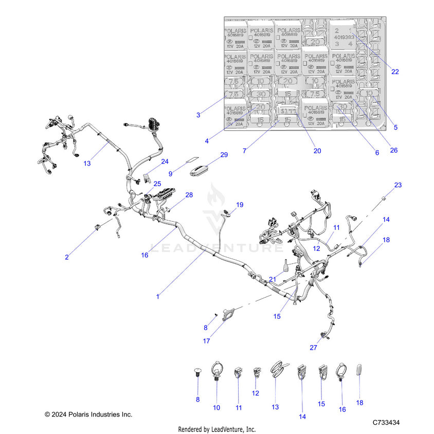 An Image of a Genuine Polaris Parts Schematic Diagram showing the schematic - ELECTRICAL: WIRE HARNESS - 2025 POLARIS RANGER 1000 XP NORTHSTAR ULTIMATE TRAIL BOSS