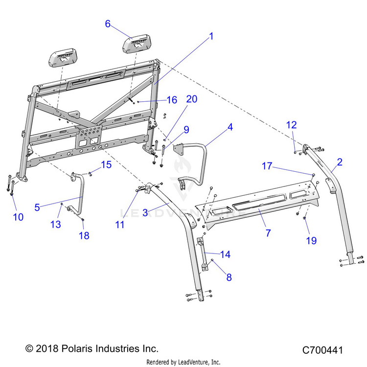An Image of a Genuine Polaris Parts Schematic Diagram showing the schematic - CHASSIS: CAB FRAME - 2019 POLARIS RANGER XP 1000 NORTHSTAR FACTORY CHOICE