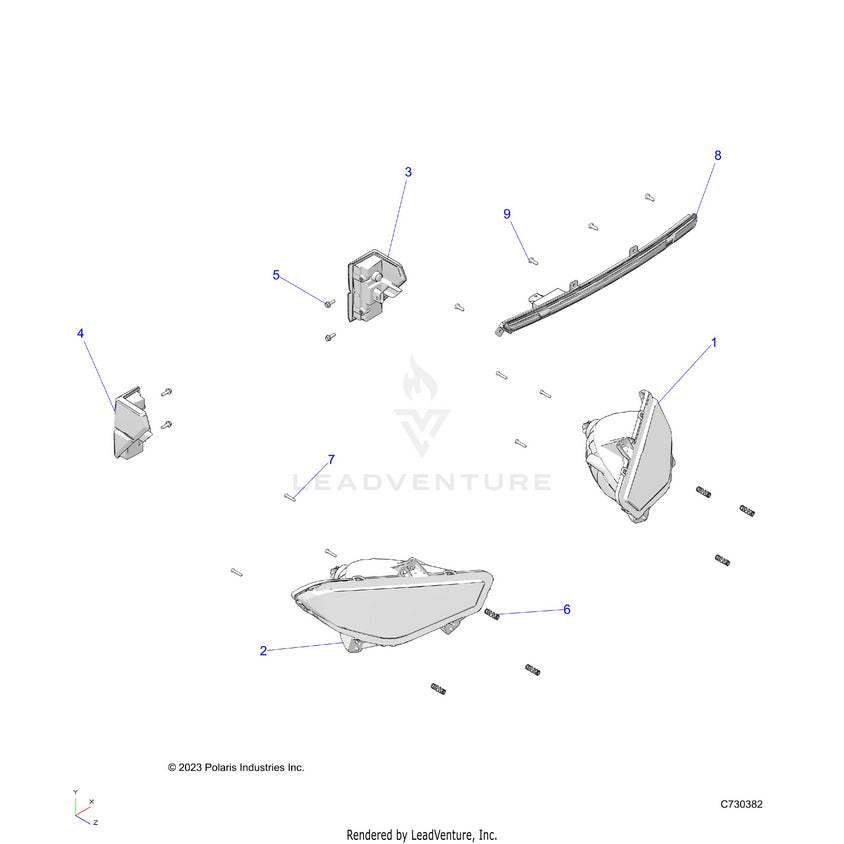 An Image of a Genuine Polaris Parts Schematic Diagram showing the schematic - ELECTRICAL: HEADLIGHTS TAILLIGHTS & LIGHT BAR - 2023 POLARIS RANGER EV FULL SIZE ULTIMATE