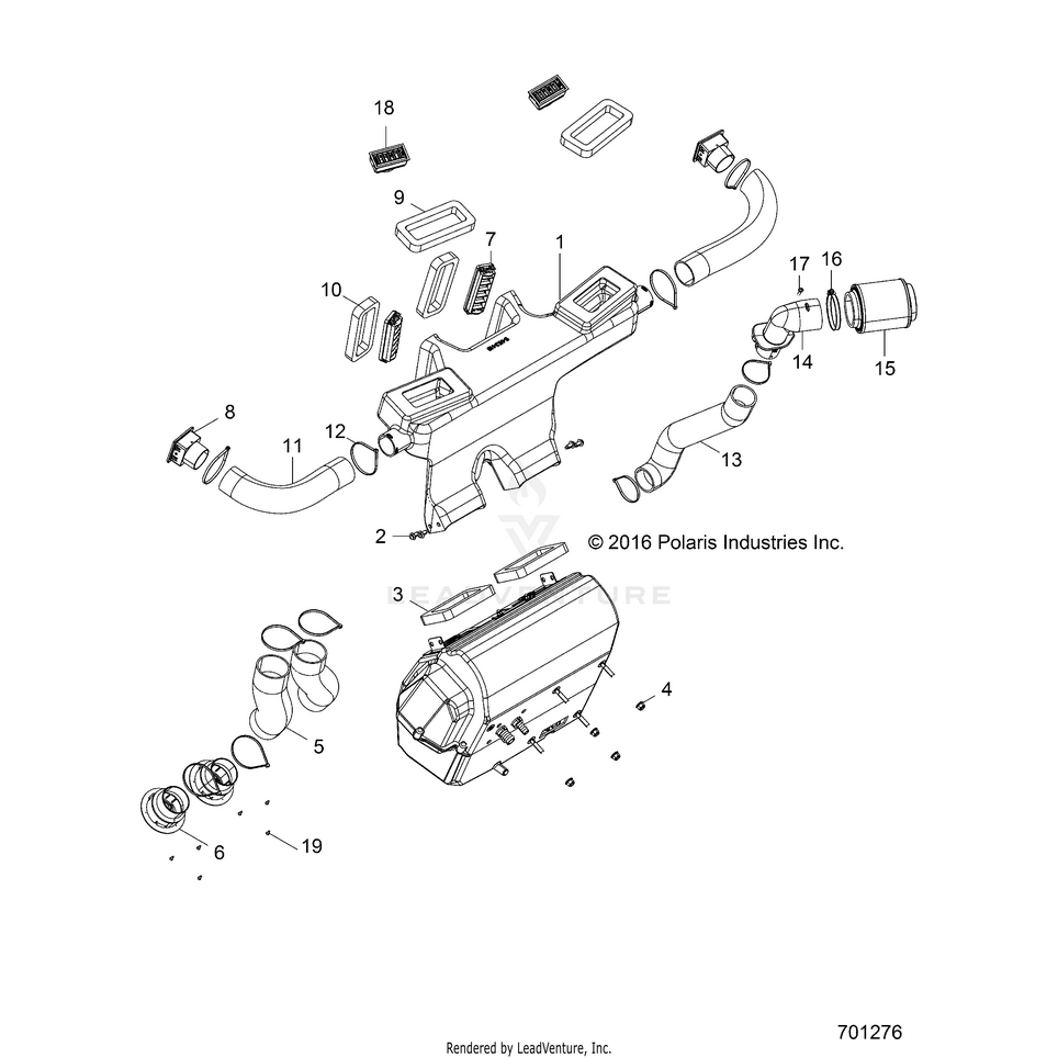 An Image of a Genuine Polaris Parts Schematic Diagram showing the schematic - BODY: HVAC DUCTING - 2018 POLARIS RANGER CREW 1000 EPS