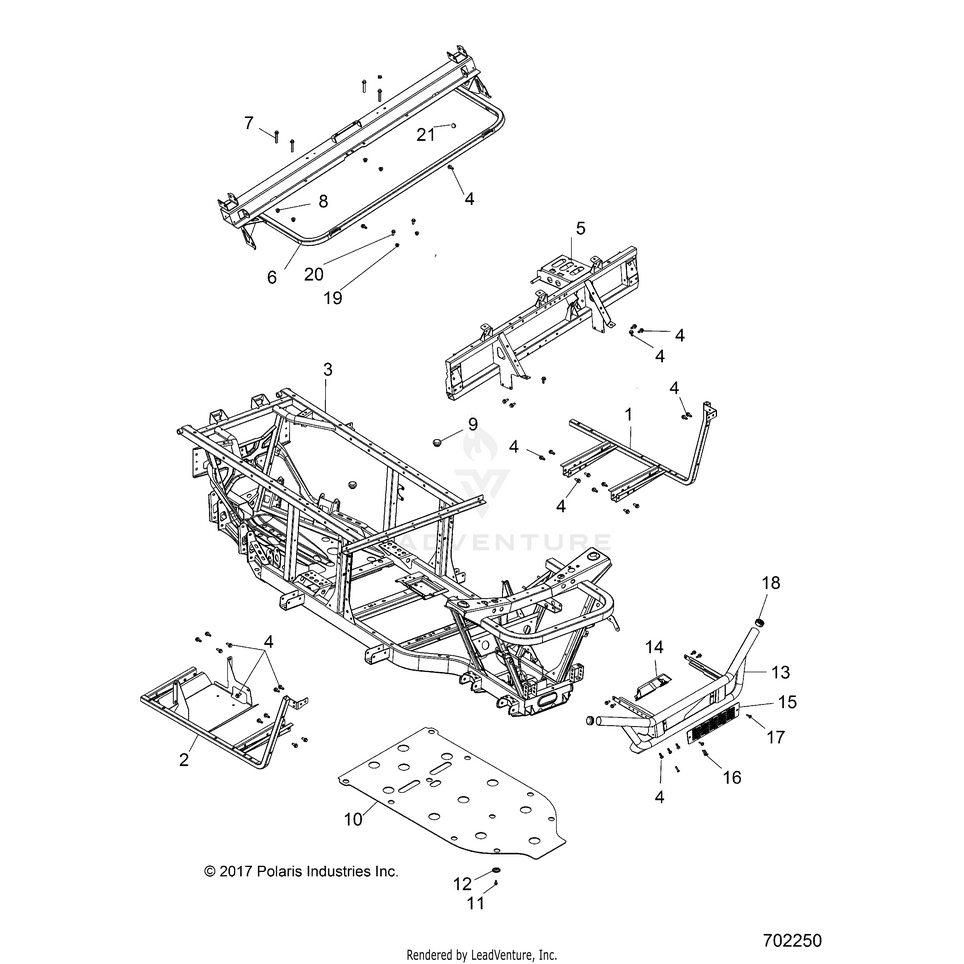 An Image of a Genuine Polaris Parts Schematic Diagram showing the schematic - CHASSIS: FRAME & FRONT BUMPER - 2018 POLARIS RANGER 500 HDPE