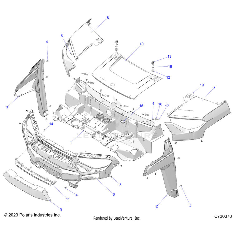 An Image of a Genuine Polaris Parts Schematic Diagram showing the schematic - BODY: HOOD & FRONT FENDERS - 2024 POLARIS RANGER EV FULL SIZE PREMIUM