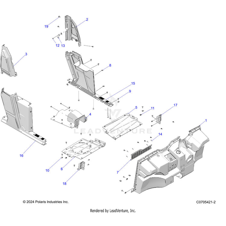 An Image of a Genuine Polaris Parts Schematic Diagram showing the schematic - BODY: FRONT FLOOR & ROCKERS - 2022 POLARIS RANGER CREW 570 RIDE COMMAND