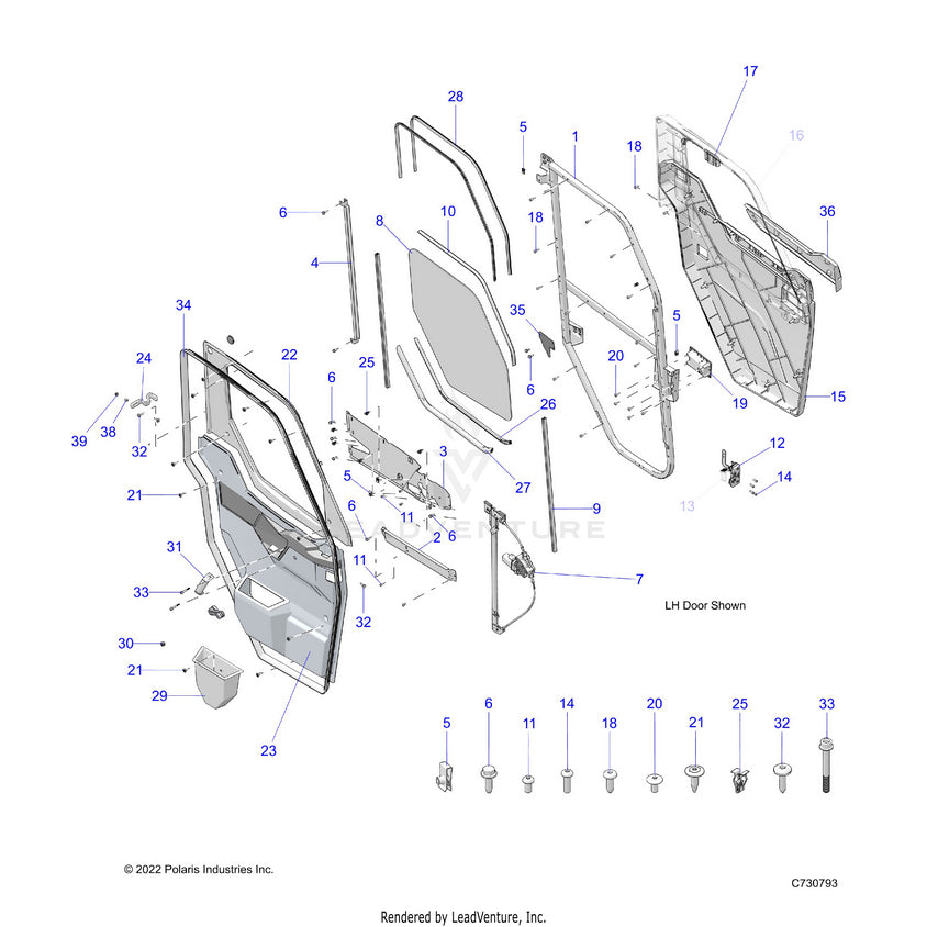 An Image of a Genuine Polaris Parts Schematic Diagram showing the schematic - BODY: DOOR FULL POWER - 2025 POLARIS RANGER 1000 XP NORTHSTAR ULTIMATE TRAIL BOSS