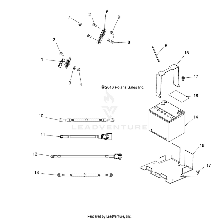 An Image of a Genuine Polaris Parts Schematic Diagram showing the schematic - ELECTRICAL: BATTERY - 2016 POLARIS RANGER 800 6X6