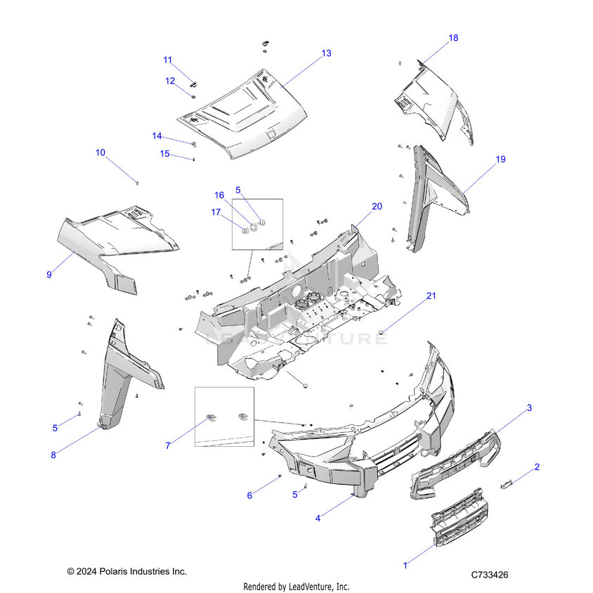 An Image of a Genuine Polaris Parts Schematic Diagram showing the schematic - BODY: HOOD & FRONT FASCIA - 2026 POLARIS RANGER 1000 XP CREW NORTHSTAR ULTIMATE TRAIL BOSS