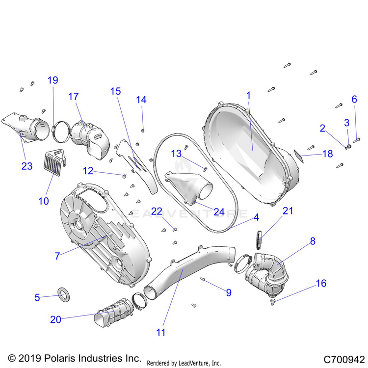 An Image of a Genuine Polaris Parts Schematic Diagram showing the schematic - DRIVE TRAIN: CLUTCH COVER & DUCTING - 2021 POLARIS RANGER 1000 FULL SIZE