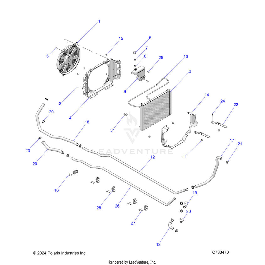 An Image of a Genuine Polaris Parts Schematic Diagram showing the schematic - ENGINE: COOLING SYSTEM - 2020 POLARIS RANGER CREW XP 1000 NORTHSTAR FC
