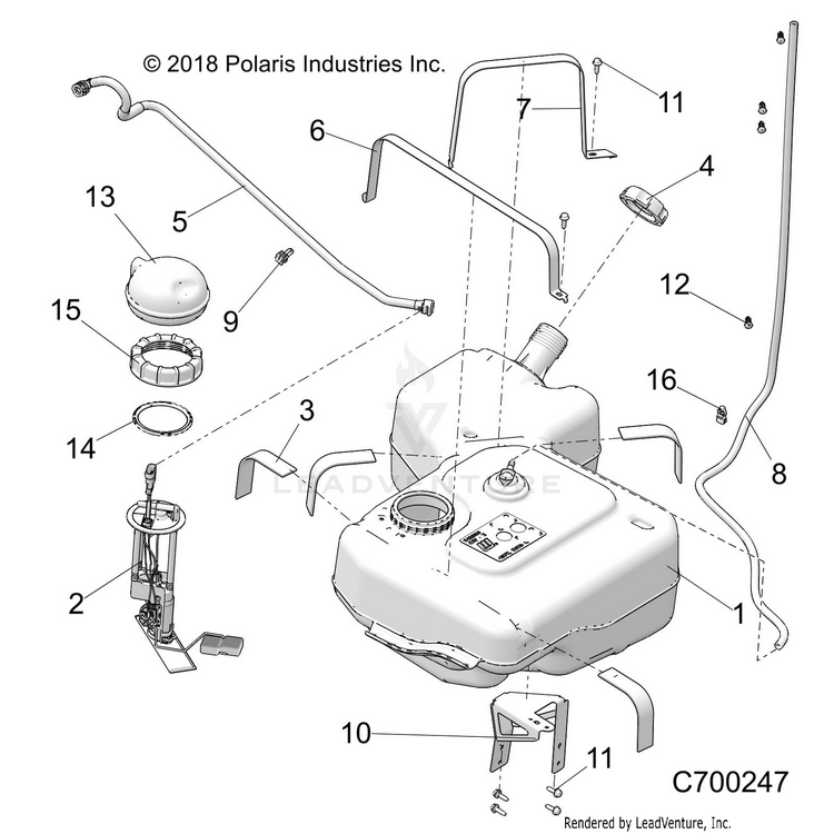 An Image of a Genuine Polaris Parts Schematic Diagram showing the schematic - BODY: FUEL TANK - 2019 POLARIS RANGER XP 1000 EPS HIGH LIFTER