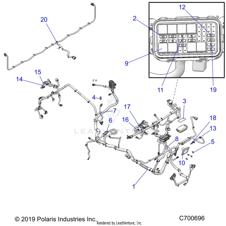 An Image of a Genuine Polaris Parts Schematic Diagram showing the schematic - ELECTRICAL: WIRE HARNESS - 2020 POLARIS RANGER XP 1000 BACK COUNTRY FACTORY CHOICE